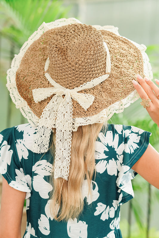 Parchment Boho Woven Ruffle Lace Trim Knot Vacation Hat