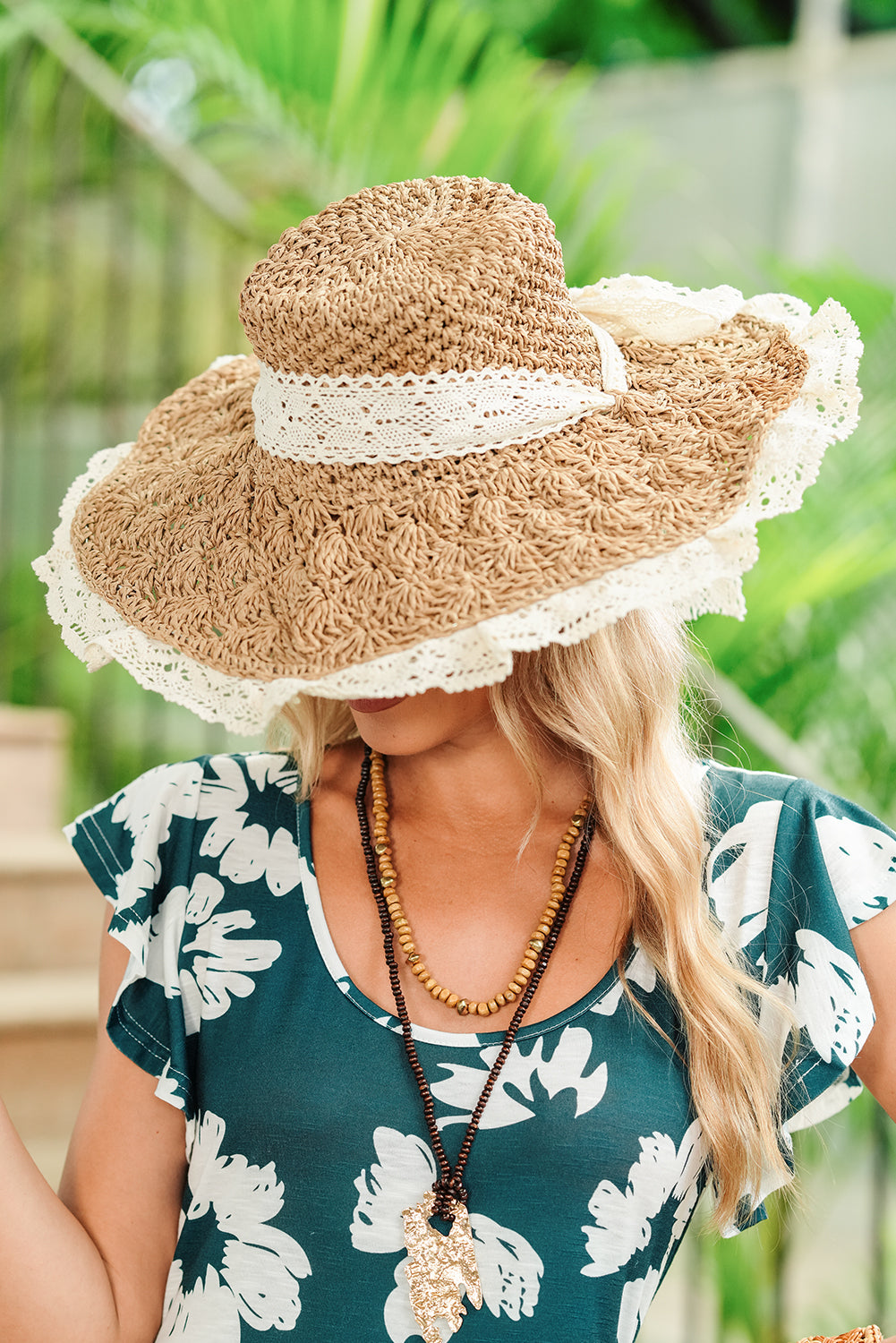 Parchment Boho Woven Ruffle Lace Trim Knot Vacation Hat