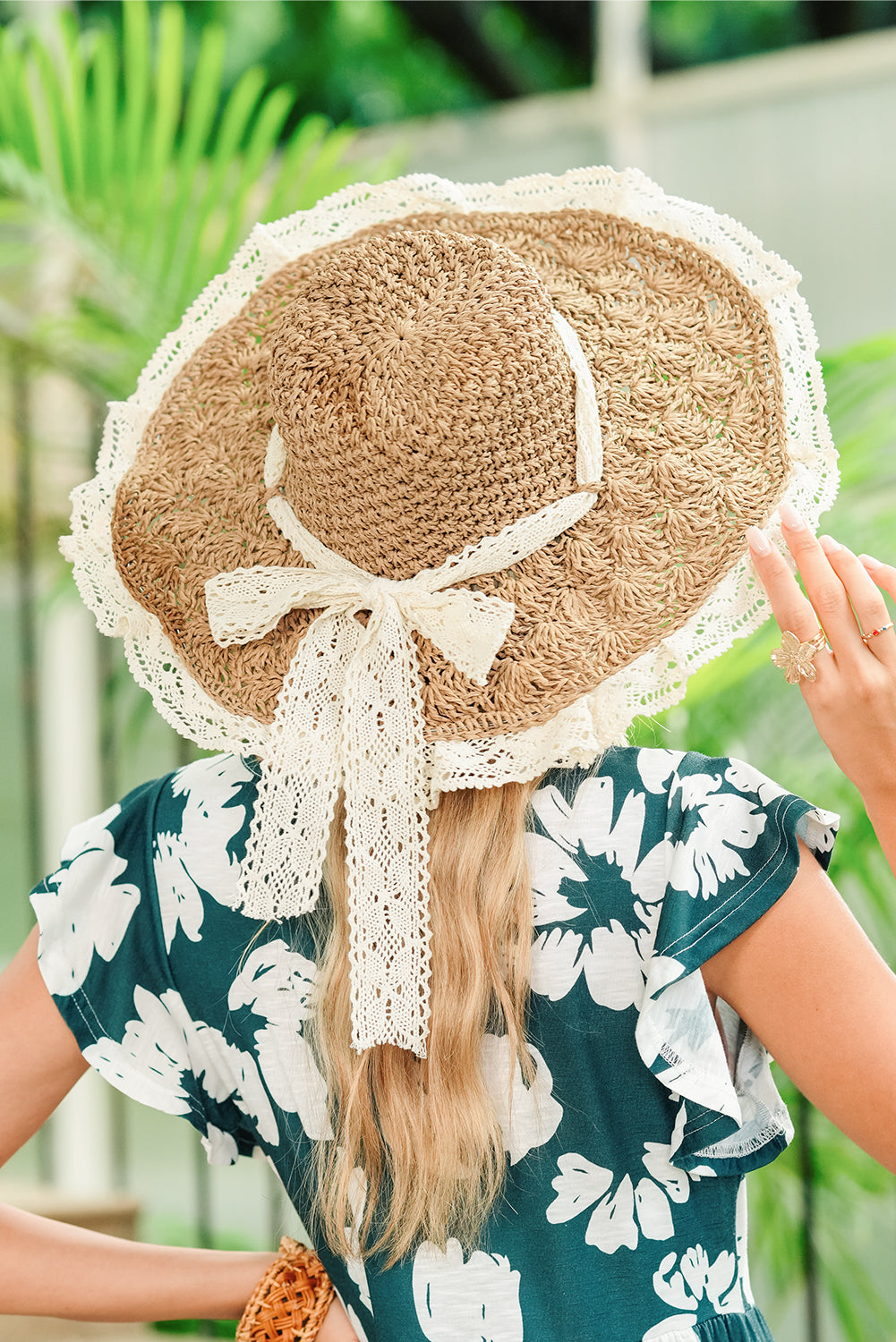 Parchment Boho Woven Ruffle Lace Trim Knot Vacation Hat