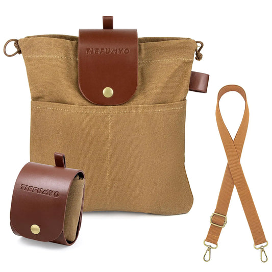 TIEFUMYO Foraging Bag Waxed Canvas Outdoor Camping Foraging Pouch Water Resistant Collapsible Brown Mushroom Bushcraft Belt Tool Bag for Travel Hiking Backpacking