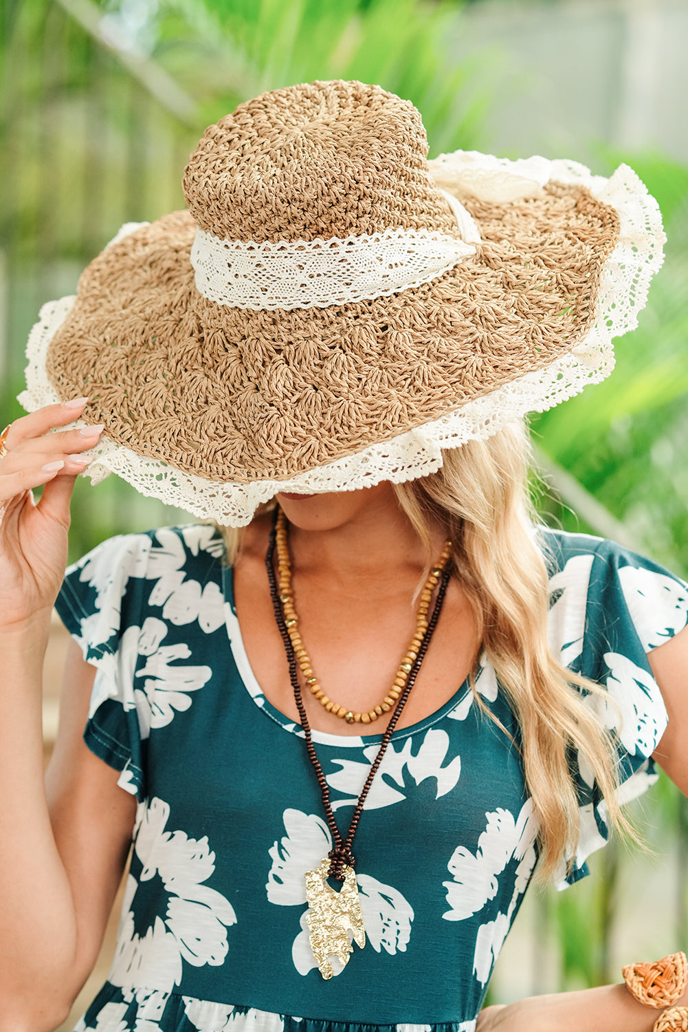 Parchment Boho Woven Ruffle Lace Trim Knot Vacation Hat