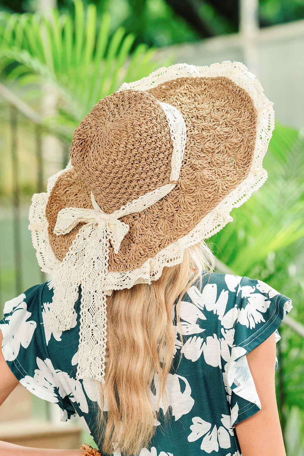 Parchment Boho Woven Ruffle Lace Trim Knot Vacation Hat