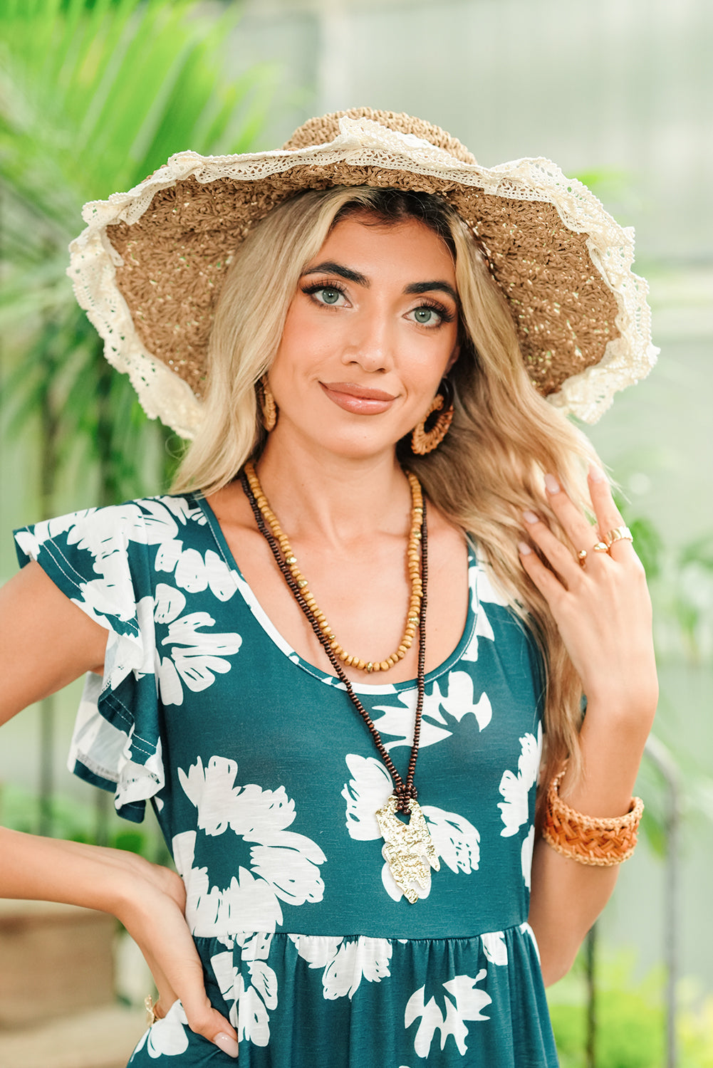 Parchment Boho Woven Ruffle Lace Trim Knot Vacation Hat